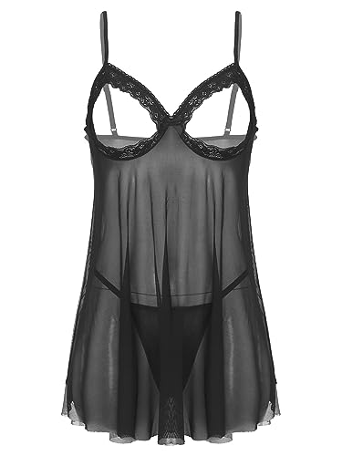 CHICTRY Transparent Mesh Kleid Damen Sexy Busenfrei Partykleid Spitzenbesatz Minikleid Kurz Mit Mini G-String Erotisch Nachtwäsche Schwarz A 3XL von CHICTRY