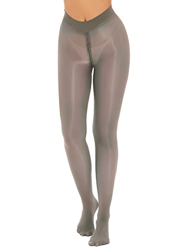 CHICTRY Transparent Strumpfhose Damen Ouvert Pantyhose Offener Schritt Leggings Öl Glänzend Mesh Netzhose Mit Reißverschluss Bodystocking Grau XL von CHICTRY