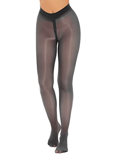 CHICTRY Transparent Strumfphose Damen Glossy Leggings Ouvert Pantyhose Mit Reißverschluss Im Schritt öl Glänzend Bodystocking Reizwäsche Schwarz L von CHICTRY