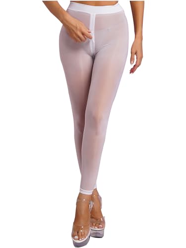 CHICTRY Transparent Strumfphose Damen Glossy Leggings Ouvert Pantyhose Mit Reißverschluss Im Schritt öl Glänzend Bodystocking Reizwäsche Weiß B L von CHICTRY