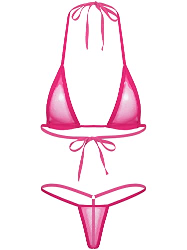 CHICTRY Transparenter Damen Bikini Sets aus Netz Triangel Bikinis Frauen Schwimmanzug Badeanzug Lingerie Babydoll BH und Micro String Hotpink B OneSize von CHICTRY