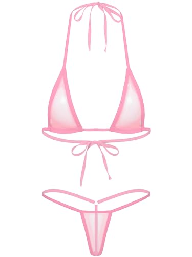 CHICTRY Transparenter Damen Bikini Sets aus Netz Triangel Bikinis Frauen Schwimmanzug Badeanzug Lingerie Babydoll BH und Micro String Rosa B OneSize von CHICTRY