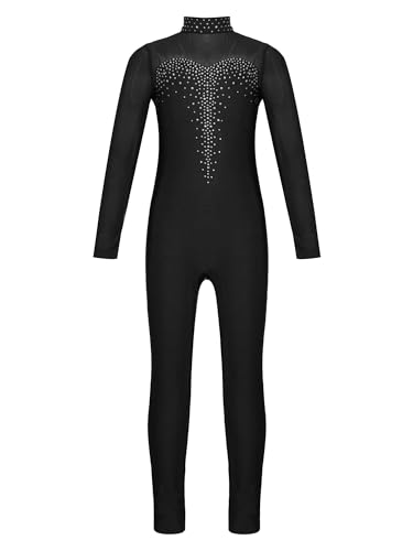 CHICTRY Turnanzug Ganzkörper Kinder Mädchen Ärmellos/Langarm Sportbody Gymnastik Strass Glitzer Gymnastikanzug Turnen Trikot Mit Cut Out Dancewear X_Schwarz 158-164 von CHICTRY