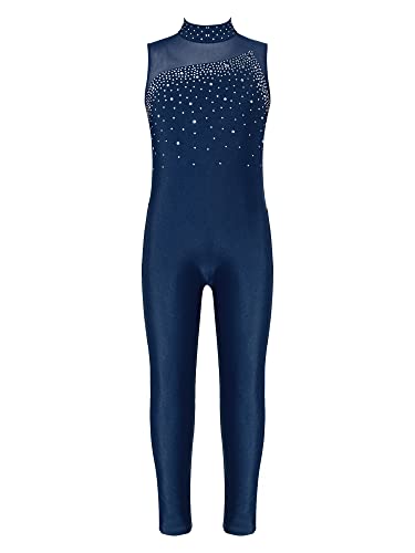 CHICTRY Turnanzug Ganzkörper Kinder Mädchen Ärmellos/Langarm Sportbody Gymnastik Strass Glitzer Gymnastikanzug Turnen Trikot Mit Cut Out Dancewear B_Navy blau 140-152 von CHICTRY