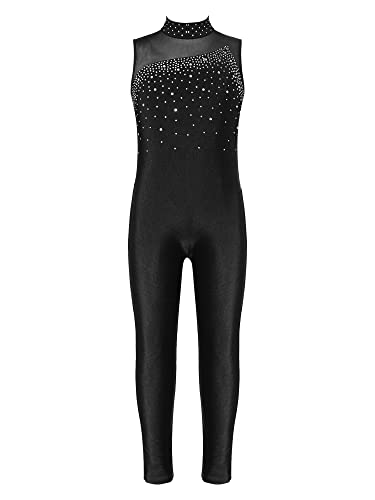 CHICTRY Turnanzug Ganzkörper Kinder Mädchen Ärmellos/Langarm Sportbody Gymnastik Strass Glitzer Gymnastikanzug Turnen Trikot Mit Cut Out Dancewear B_Schwarz 140-152 von CHICTRY