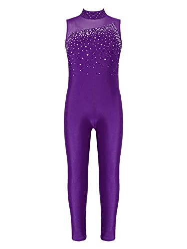 CHICTRY Turnanzug Ganzkörper Kinder Mädchen Ärmellos/Langarm Sportbody Gymnastik Strass Glitzer Gymnastikanzug Turnen Trikot Mit Cut Out Dancewear B_Violett 122-128 von CHICTRY