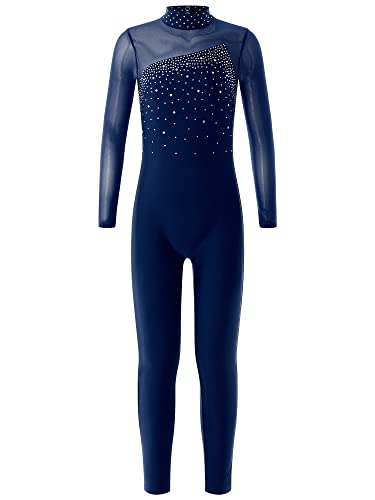 CHICTRY Turnanzug Ganzkörper Kinder Mädchen Ärmellos/Langarm Sportbody Gymnastik Strass Glitzer Gymnastikanzug Turnen Trikot Mit Cut Out Dancewear Z_Navy Blau A 122-128 von CHICTRY