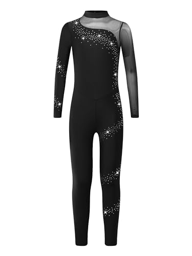 CHICTRY Turnanzug Ganzkörper Kinder Mädchen Ärmellos/Langarm Sportbody Gymnastik Strass Glitzer Gymnastikanzug Turnen Trikot Mit Cut Out Dancewear Z_Schwarz A 158-164 von CHICTRY