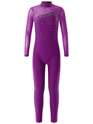 CHICTRY Turnanzug Ganzkörper Kinder Mädchen Ärmellos/Langarm Sportbody Gymnastik Strass Glitzer Gymnastikanzug Turnen Trikot Mit Cut Out Dancewear Z_Violett A 122-128 von CHICTRY