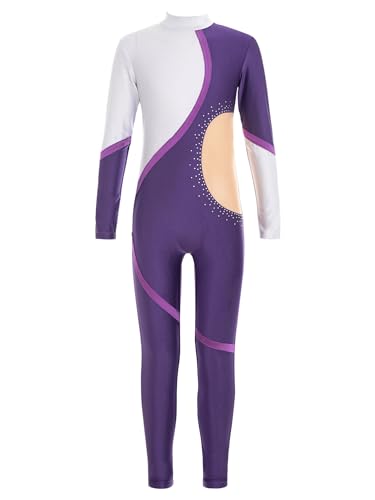 CHICTRY Turnanzug Mädchen Langarm Sportbody Ganzkörper Strass Glitzer Eiskunstlauf Anzug Stehkragen Ballett Body Patchwork Trikot Rückenfrei Overall Sportlich B Violett 122-128 von CHICTRY