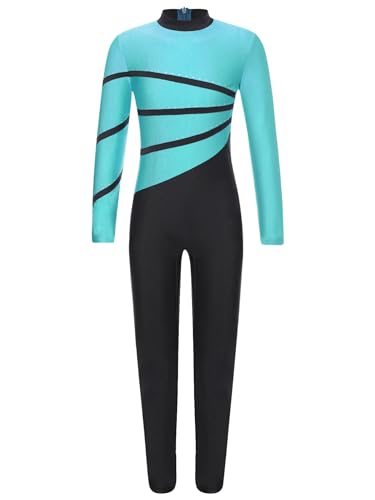 CHICTRY Turnanzug Mädchen Langarm Sportbody Ganzkörper Strass Glitzer Eiskunstlauf Anzug Stehkragen Ballett Body Patchwork Trikot Rückenfrei Overall Sportlich C Blau Grün 158-164 von CHICTRY