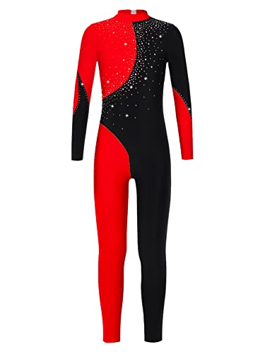 CHICTRY Turnanzug Mädchen Langarm Ganzkörper Ballettanzug Kinder Stehkragen Ballettbody Zweifarbig Patchwork Sport Overall Jumpsuit Eiskunstlauf Anzug A Schwarz&Rot 134-140 von CHICTRY