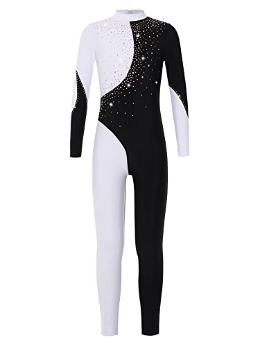 CHICTRY Turnanzug Mädchen Langarm Sportbody Ganzkörper Strass Glitzer Eiskunstlauf Anzug Stehkragen Ballett Body Patchwork Trikot Rückenfrei Overall Sportlich Schwarz&Weiß 170-176 von CHICTRY