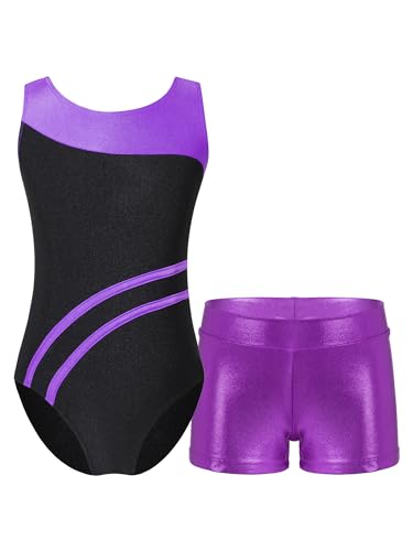 CHICTRY Turnanzug Mit Shorts Mädchen Metallic Glitzer Gymnastikanzug Turnen Kinder Eiskunstlauf Anzug Patchwork Gymnastikbody Stretch Tanzhose Dancewear Violett C 134-140 von CHICTRY