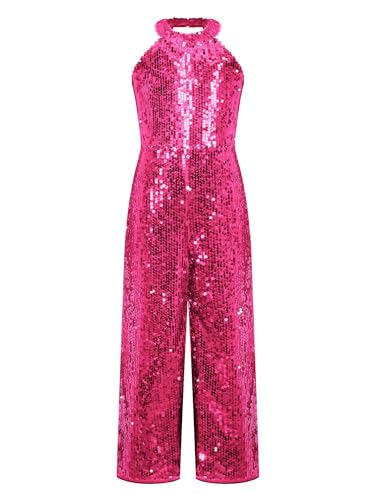 CHICTRY Turnanzug Pailletten Mädchen Ganzkörper Ballettanzug Neckholder Overall Jumpsuit Glitzer Gymnastik Body Trikot Mit Cut Out Wettbewerb Kostüm Hot Pink 134-140 von CHICTRY