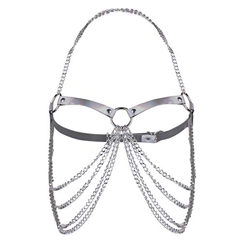 CHICTRY Unisex Damen Gothic Kostüm Punk Körpergeschirr Brust Harness Fetisch Geschirre Brustgurte Wetlook Oberteile Metallic Kette Quaste A Holographisch&Silber Einheitsgröße von CHICTRY