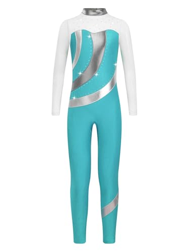 CHICTRY Voltigieranzug Mädchen Ganzkörper Kinder Langarm Ballettanzug Mit Glitzer Strass Stehkragen Body Metallic Patchwork Leotard Cut Out Tanzkostüm Blau Grün 146-152 von CHICTRY