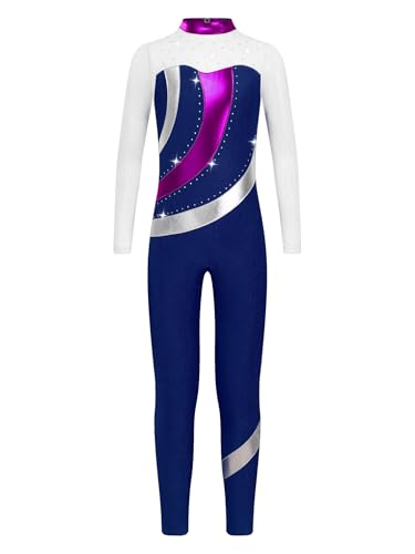 CHICTRY Voltigieranzug Mädchen Ganzkörper Kinder Langarm Ballettanzug Mit Glitzer Strass Stehkragen Body Metallic Patchwork Leotard Cut Out Tanzkostüm Navy blau 158-164 von CHICTRY