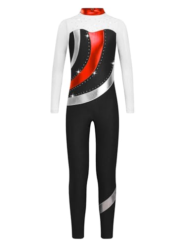 CHICTRY Voltigieranzug Mädchen Ganzkörper Kinder Langarm Ballettanzug Mit Glitzer Strass Stehkragen Body Metallic Patchwork Leotard Cut Out Tanzkostüm Schwarz 122-128 von CHICTRY