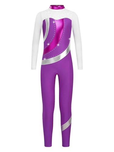 CHICTRY Voltigieranzug Mädchen Ganzkörper Kinder Langarm Ballettanzug Mit Glitzer Strass Stehkragen Body Metallic Patchwork Leotard Cut Out Tanzkostüm Violett 122-128 von CHICTRY