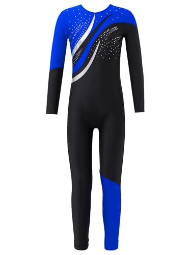 CHICTRY Voltigieranzug Mädchen Ganzkörper Kinder Langarm Gymnastikanzug Mit Glänzend Strass Rundhals Tanztrikot Patchwork Trikotanzug Tanzkostüm Königsblau 158-164 von CHICTRY