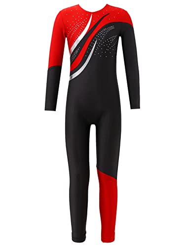 CHICTRY Voltigieranzug Mädchen Ganzkörper Kinder Langarm Gymnastikanzug Mit Glänzend Strass Rundhals Tanztrikot Patchwork Trikotanzug Tanzkostüm Rot 158-164 von CHICTRY