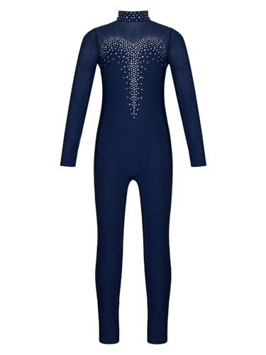 CHICTRY Voltigieranzug Mädchen Ganzkörper Kinder Langarm Tanzanzug Strass Glitzer Tanzbody Stehkragen Trikot Cut Out Trikotanzug Dancewear Navy blau 122-128 von CHICTRY
