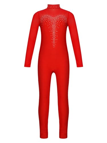 CHICTRY Voltigieranzug Mädchen Ganzkörper Kinder Langarm Tanzanzug Strass Glitzer Tanzbody Stehkragen Trikot Cut Out Trikotanzug Dancewear Rot 122-128 von CHICTRY