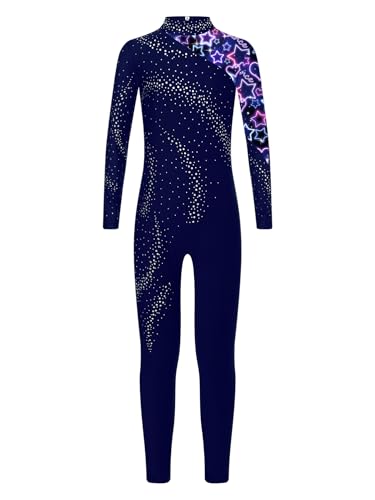 CHICTRY Turnanzug Kinder Ganzkörper Mädchen Langarm Ballettanzug Strass Glitzer Akrobatik Body Stehkragen Leotard Motiv Trikotanzug Dancewear Navy blau 110-116 von CHICTRY