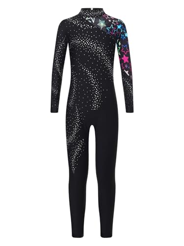 CHICTRY Turnanzug Kinder Ganzkörper Mädchen Langarm Ballettanzug Strass Glitzer Akrobatik Body Stehkragen Leotard Motiv Trikotanzug Dancewear Schwarz 146-152 von CHICTRY