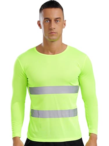 CHICTRY Warnschutz T Shirt Herren Langarm Atmungsaktiv Rundhals Arbeitsshirt Mit Reflektierende Streifen Patchwork Warnshirt Sicherheits Arbeitshemd Leuchtendes Grün L von CHICTRY