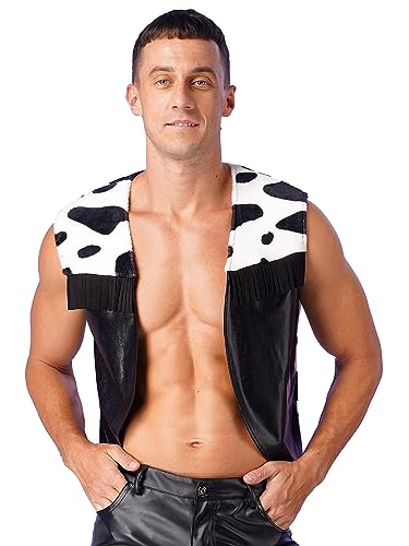 CHICTRY Western Weste Herren Ärmellos Jacke Kuhmuster Mantel Cowboy Indianer Kostüm Für Karneval Mottoparty S-3XL A_Schwarz L von CHICTRY