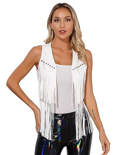 CHICTRY Wildleder Weste Mit Fransen Damen Cowgirl Hippie Indianerin Festival 60er Jahre Western Kostüm Ärmellos Oberbekleidung Dirndl Blouse Für Oktoberfest Weiß S von CHICTRY