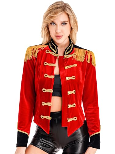 CHICTRY Zirkus Kostüm Damen Samt Jacke Langarm Frack Mantel Fransen Quaste Kurzjacke Goldenbesatz Zirkusdirektorin Uniform Cosplay Verkleidung Rot M von CHICTRY