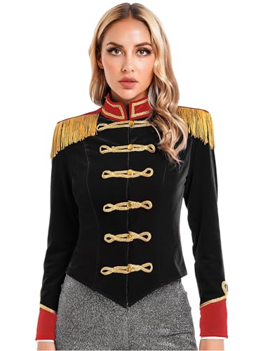 CHICTRY Zirkus Kostüm Damen Samt Jacke Langarm Frack Mantel Fransen Quaste Kurzjacke Goldenbesatz Zirkusdirektorin Uniform Cosplay Verkleidung Schwarz XXL von CHICTRY