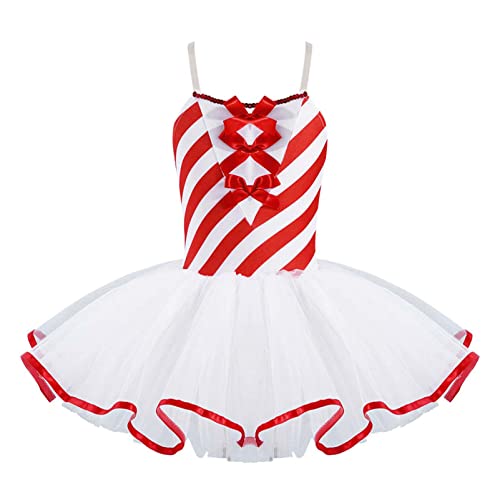 CHICTRY Zuckerstange Kostüm Kinder Mädchen Weihnachtskleid Festlich Ärmellos Ballettkleid Streifen Patchwork Tanzkleid Tutu Partykleid Prinzessin Rot 158-164 von CHICTRY