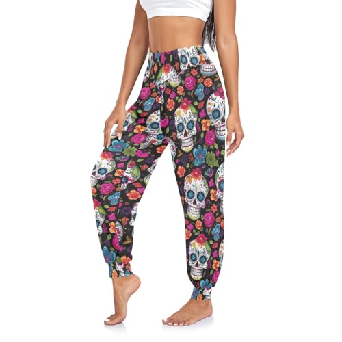 CHIFIGNO Damen-Jogginghose, Jogger, Sweathose, Haremshose, Yogahose, hohe Taille, Lounge-Hose, Bunte Totenköpfe mit Blumen, XX-Large von CHIFIGNO