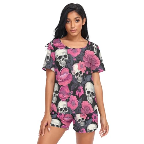 CHIFIGNO Damen-Pyjama-Set, kurzärmelig, Nachtwäsche mit Taschen, lässig, 2-teiliges Lounge-Set, Damen-Pyjama, S-XXL, Lustige Totenköpfe mit rosa Blumen, M von CHIFIGNO