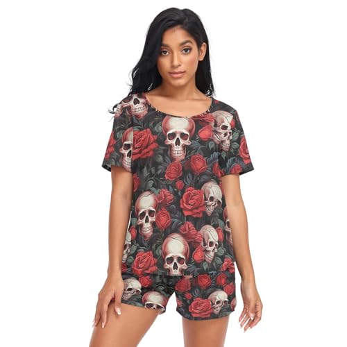 CHIFIGNO Damen-Pyjama-Set, kurzärmelig, Nachtwäsche mit Taschen, lässig, 2-teiliges Lounge-Set, Damen-Pyjama, S-XXL, Totenköpfe und rote Rosen-1, S von CHIFIGNO