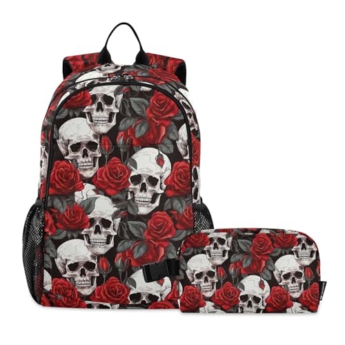 CHIFIGNO Elegante Totenköpfe mit roten Rosen Blumen Kinder Schulrucksack Schulranzen Set mit Lunchbox Mittelschule Tagesrucksack von CHIFIGNO