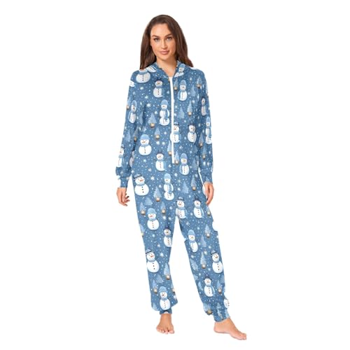 CHIFIGNO Erwachsene Onesie Pyjama Lounge Wear Weihnachten Nachtwäsche Onesie Outfit Reißverschluss Jumpsuit mit Taschen, Niedlicher Schneemann und Schneeflocken, Blau, XL von CHIFIGNO