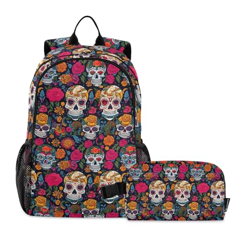 CHIFIGNO Farbenfroher mexikanischer Zuckerschädel, Kinder-Rucksack, Schulbuchtaschen-Set mit isolierter Lunchbox, niedlicher Rucksack von CHIFIGNO