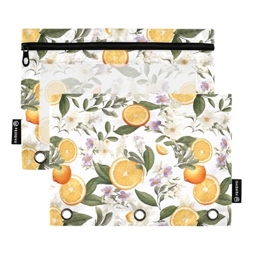 CHIFIGNO Federmäppchen, Orange, Zitrusfrüchte mit Blumen, 3-Ringbuch mit transparentem Fenster, Bleistift-Organizer für Kinder, Teenager, Mädchen, Erwachsene, Studenten, 2 Stück von CHIFIGNO