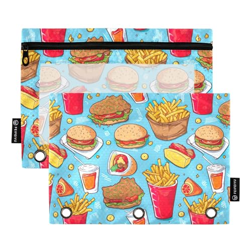 CHIFIGNO Federmäppchen, bunt, Hamburger-Sandwiches, blaues Federmäppchen für 3-Ringbücher mit transparentem Fenster, Make-up-Tasche, Schulbedarf, 2 Stück von CHIFIGNO