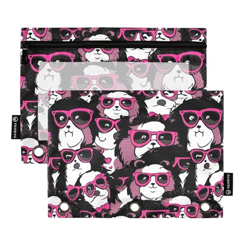 CHIFIGNO Federmäppchen Pandas mit rosa Brille, 3-Ringbuch mit transparentem Fenster, Binder, Reißverschlusstasche für Zuhause, Büro, 2 Stück von CHIFIGNO