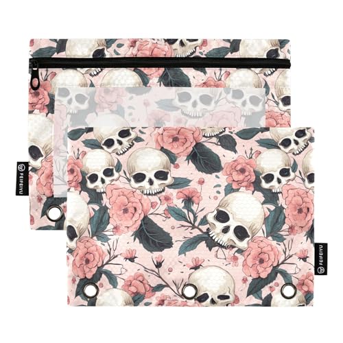 CHIFIGNO Federmäppchen für 3-Ringbinder, lustige Totenköpfe, rosa Blumen, 2 Stück, niedliches Federmäppchen mit transparentem Fenster, Bindertasche, Schule, Büro, Organizer von CHIFIGNO