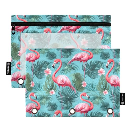 CHIFIGNO Federmäppchen für 3-Ringbuch, rosa Flamingos, Blumen, Palmblätter, Federmäppchen mit transparentem Fenster, Reißverschlusstasche für Büro, College, 2 Stück von CHIFIGNO