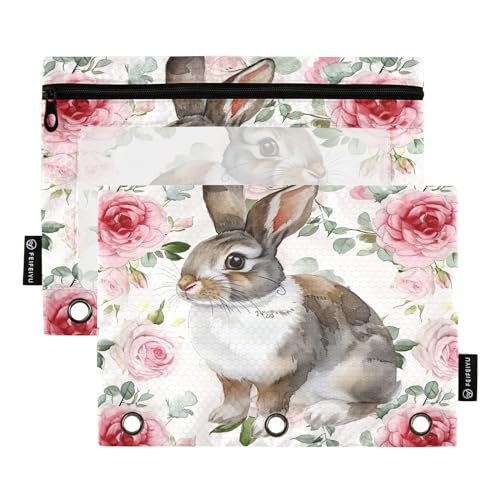 CHIFIGNO Federmäppchen mit 3 Binderlöchern, Aquarell-Kaninchen und Rosen, 2 Stück, Federmäppchen mit transparentem Fenster, Stifteetui für Kinder, Teenager, Mädchen, Erwachsene, Studenten von CHIFIGNO