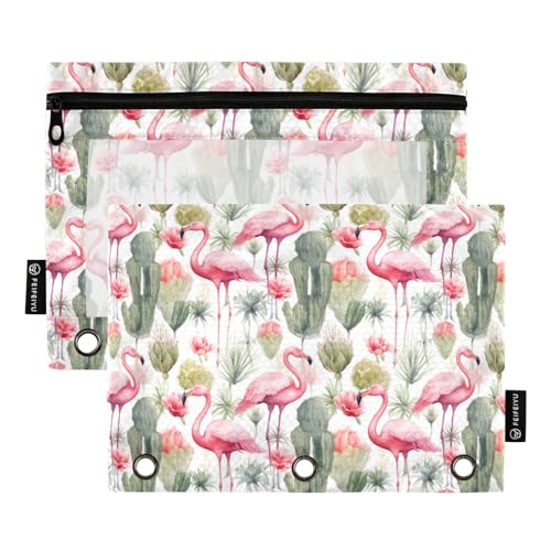 CHIFIGNO Federmäppchen mit 3 Ringen, rosa Flamingos, Blumen, grüner Kaktus, niedliches Federmäppchen mit transparentem Fenster, Kosmetiktaschen, Schule, Büro, Organizer, 2 Stück von CHIFIGNO