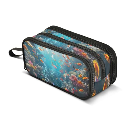 CHIFIGNO Federmäppchen mit buntem Koralle mit Fisch, 3 Fächer, Federmäppchen für Erwachsene, Mädchen, Damen, Herren, Jungen, Make-up-Tasche, Bleistift-Organizer von CHIFIGNO